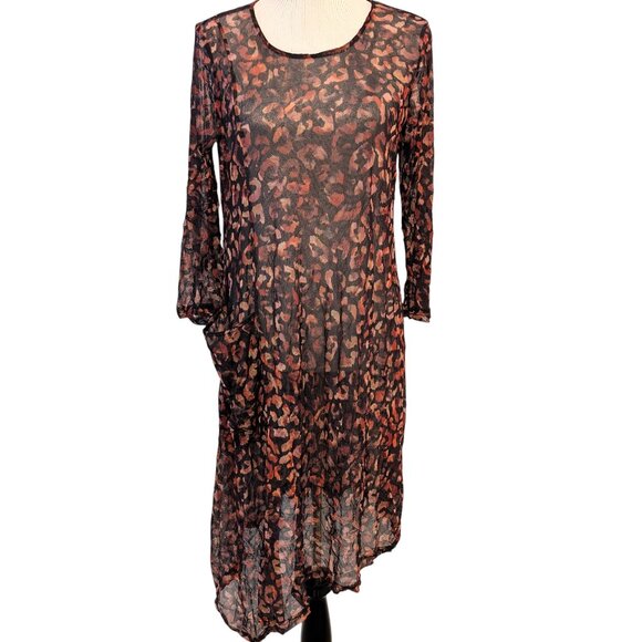Lisa Bayne Sz M Animal Print Semi Sheer Crinkle Mesh Asymmetric Lagenlook Dress - Picture 2 of 12